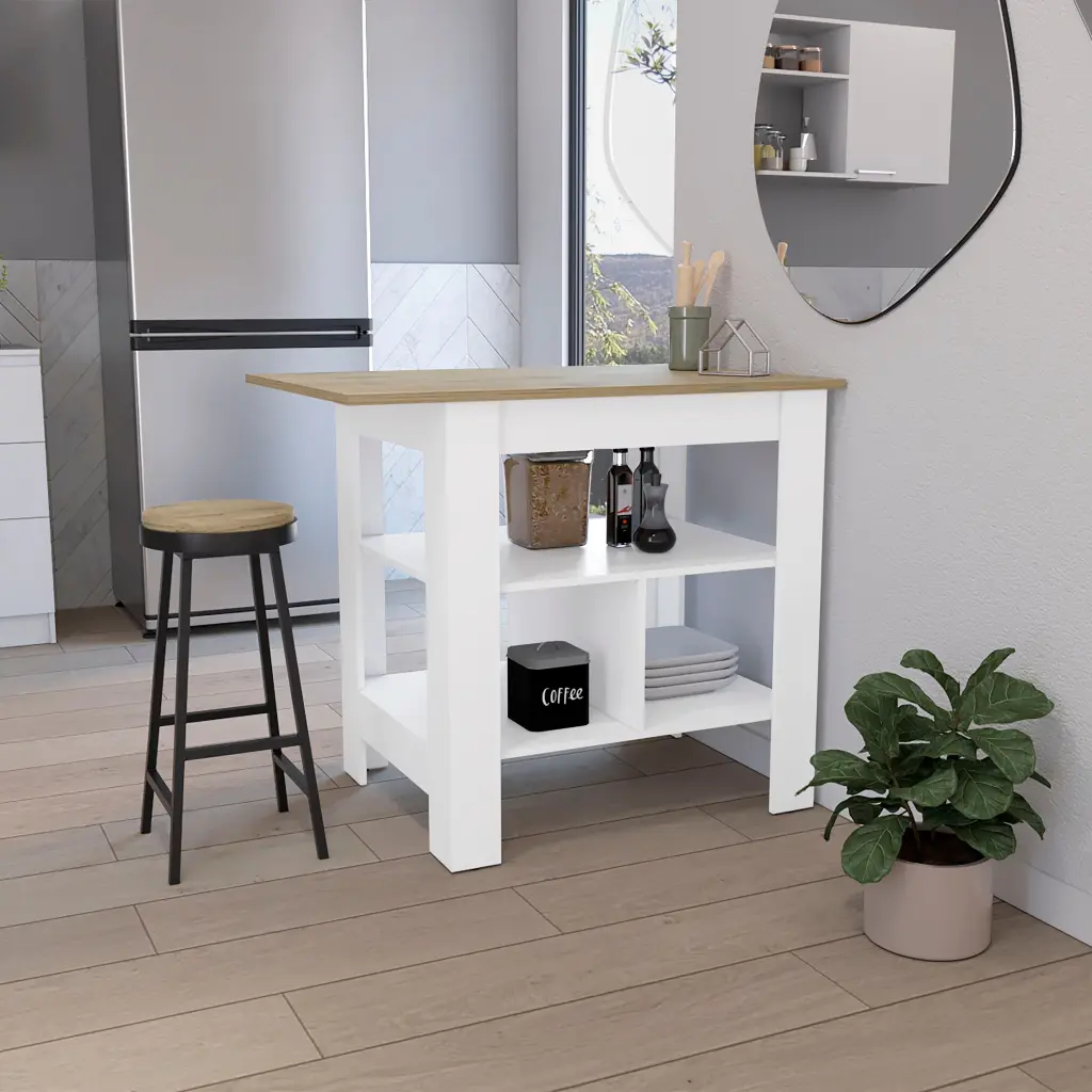Kitchen Island Kitchen Table 35 H 3 Open Shelves White Macadamia Wood Counter depot e-shop