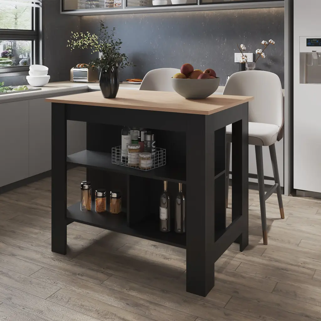 Brooklyn Kitchen Island Melamine Open Storage Light Pine Black Kitchen Furniture fm furniture