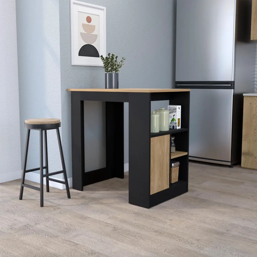 Black and Natural Oak 1 Door Kitchen Island Open Storage Mobile Prep Table furniture max