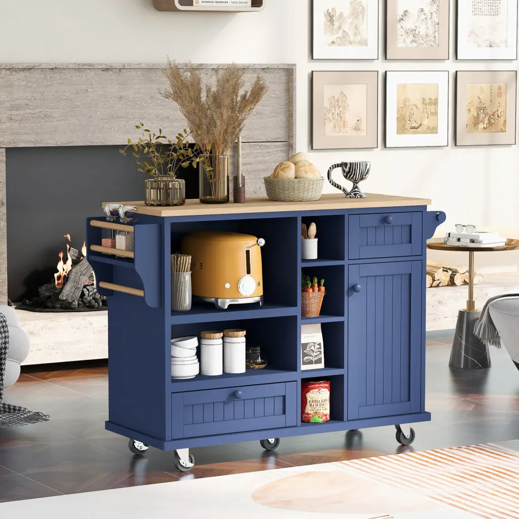 Kitchen Island Storage Cabinet Two Locking Wheels Solid Wood k-k store