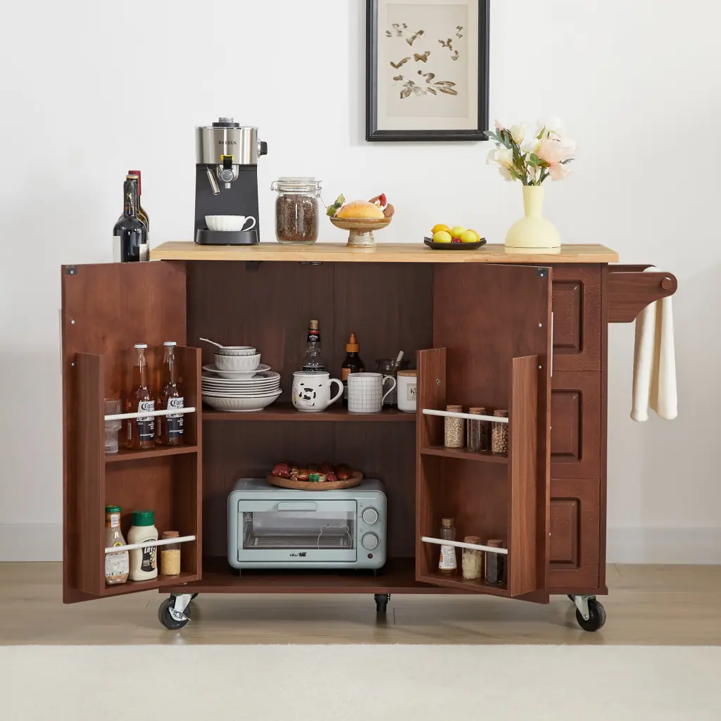 Rolling Kitchen Island Drop Leaf Countertop and Shopping Basket Storage e-tron