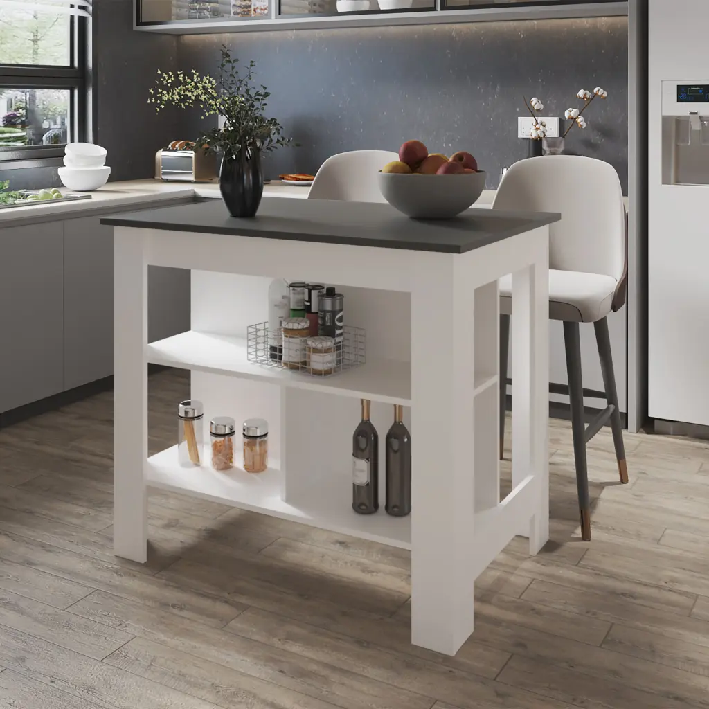 Aztec Kitchen Island Open Storage Grey and White Melamine Finish fm furniture