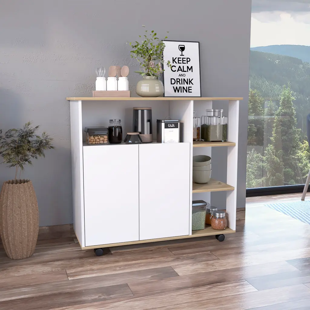 Benton 4 Shelf Kitchen Island Light Oak and White Particle Board Mobile Island furniture max