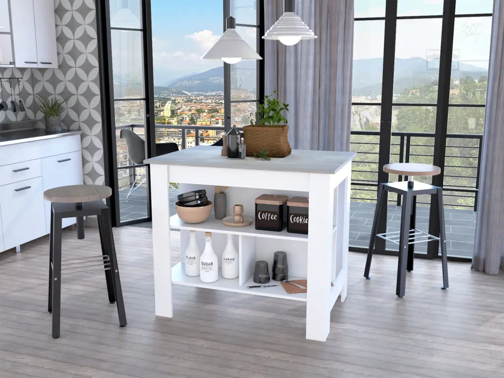 Rockaway 3 Shelf Kitchen Island White Ibiza Stone Mobile Prep Table furniture max