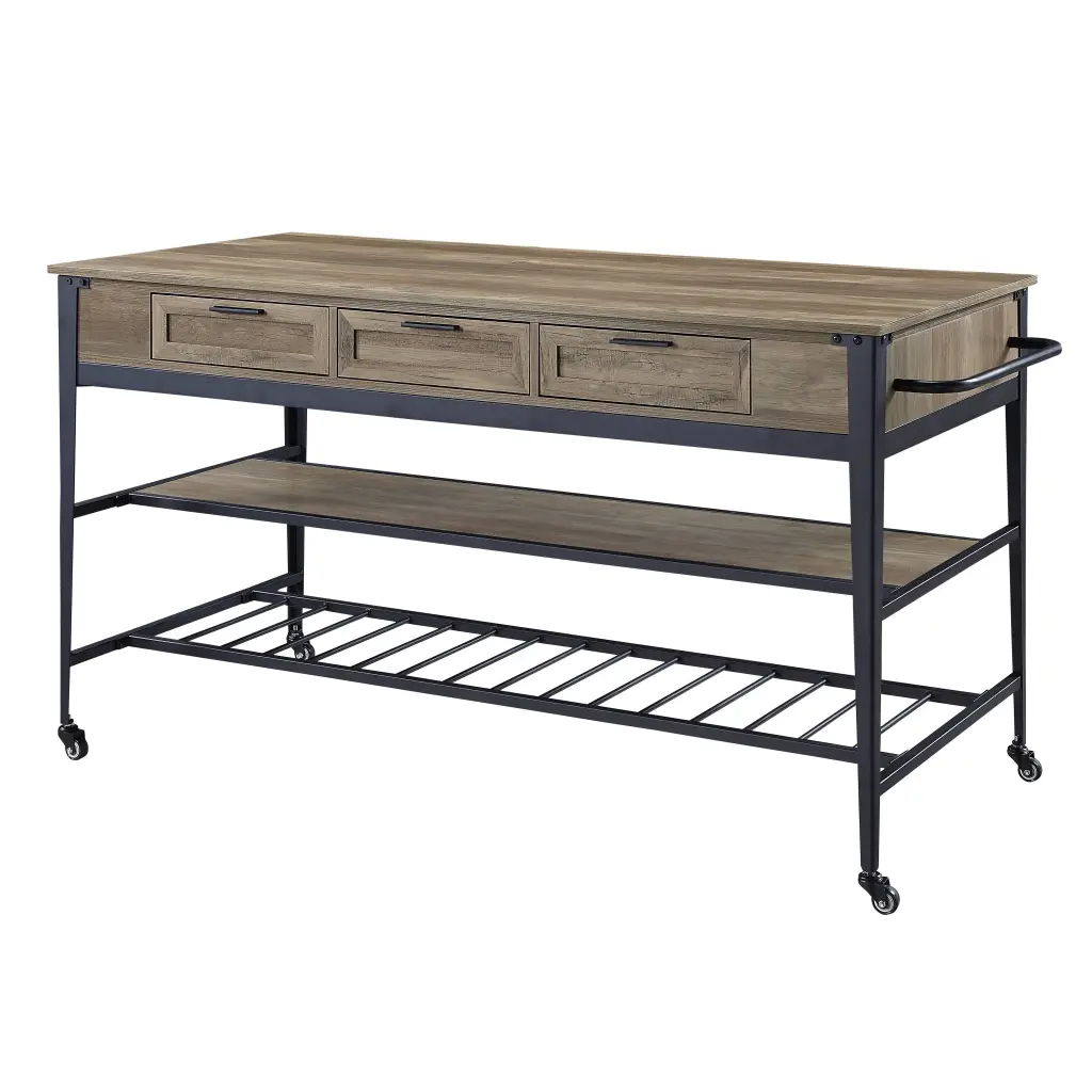 Rustic Oak and Black 3 Drawer Kitchen Island 2 Shelves furniture max