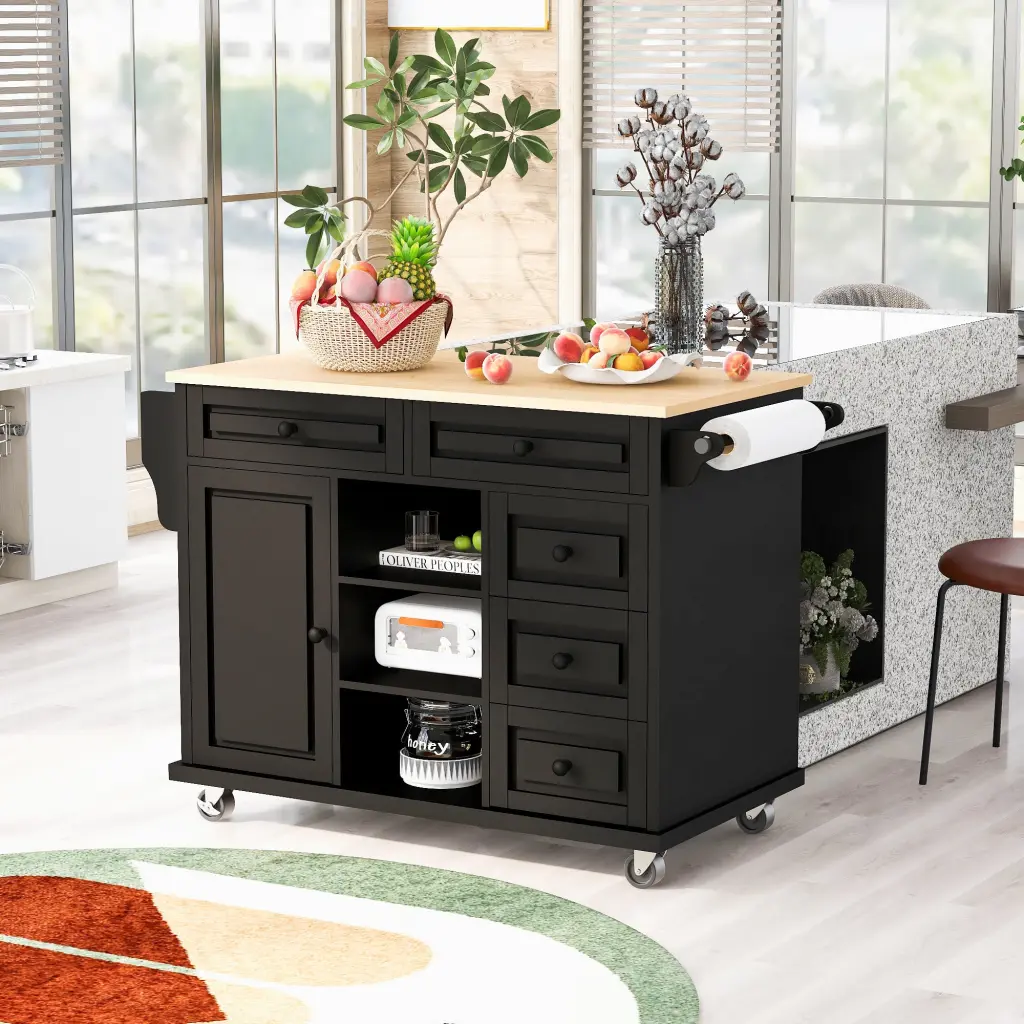 Rolling Kitchen Island Rubber Wood Top And Storage Basket k-k store
