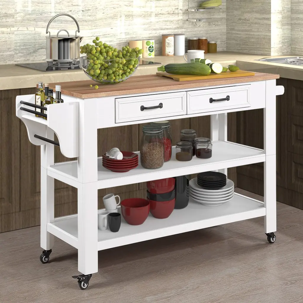 57 Inch Rolling Kitchen Island Storage Solid Oak Top power growth furniture