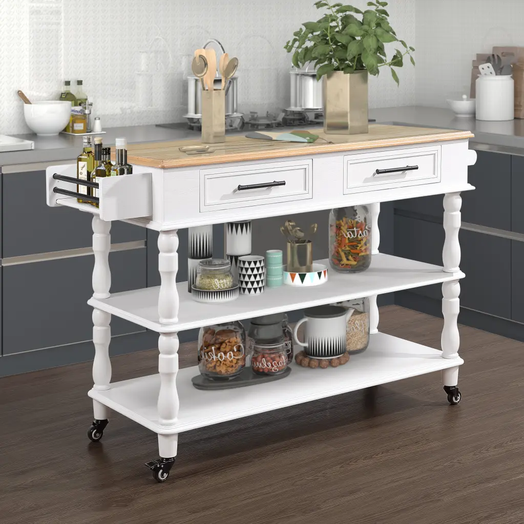 56 Inch Rolling Kitchen Island Storage Solid Oak Mobile Workstation power growth furniture