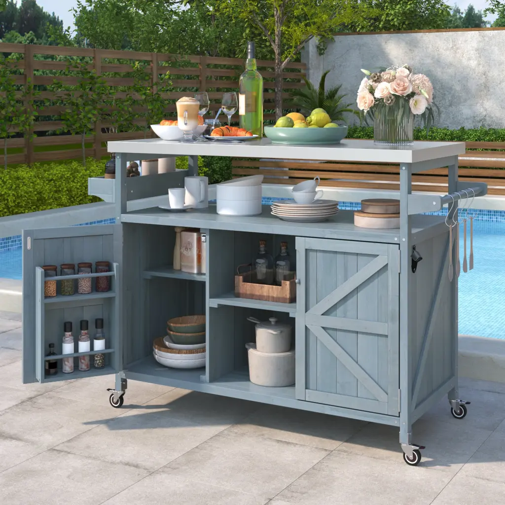 K&K Outdoor Kitchen Island Rolling Bar Cart and Storage Cabinet Farmhouse Style rnb