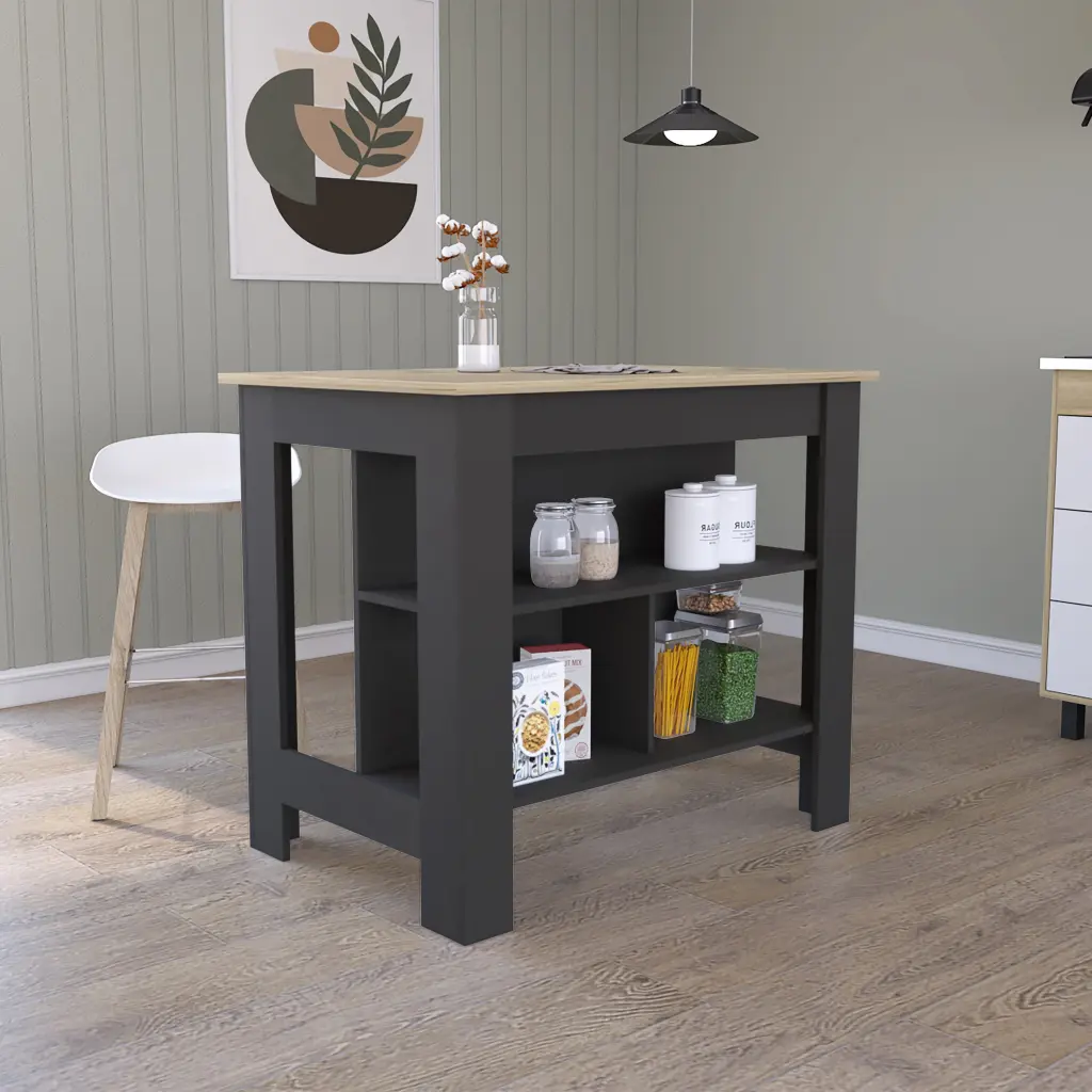 Cala Kitchen Island Four Legs Three Shelves Black Light Oak rta mubles colombia