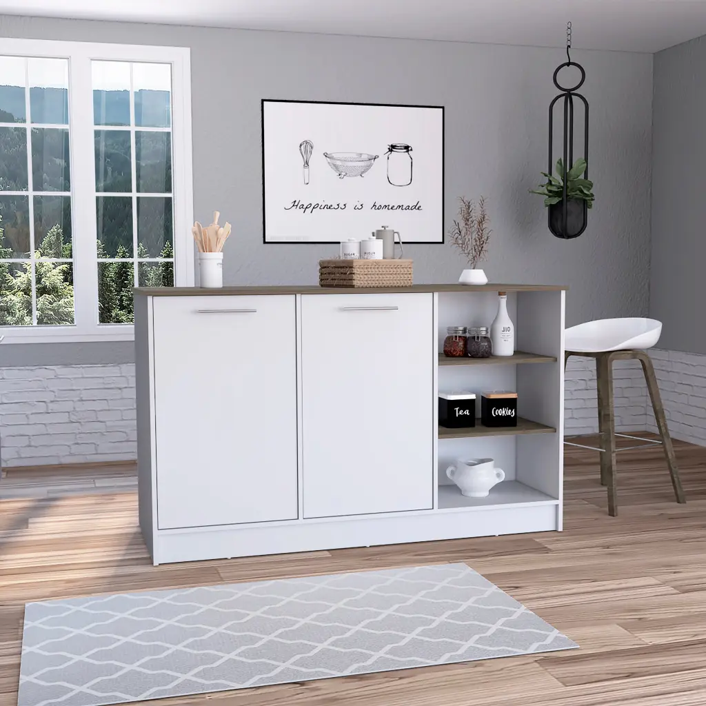 Ginger Kitchen Island Three Open Shelves and Two Cabinets White and Dark Brown rta mubles colombia