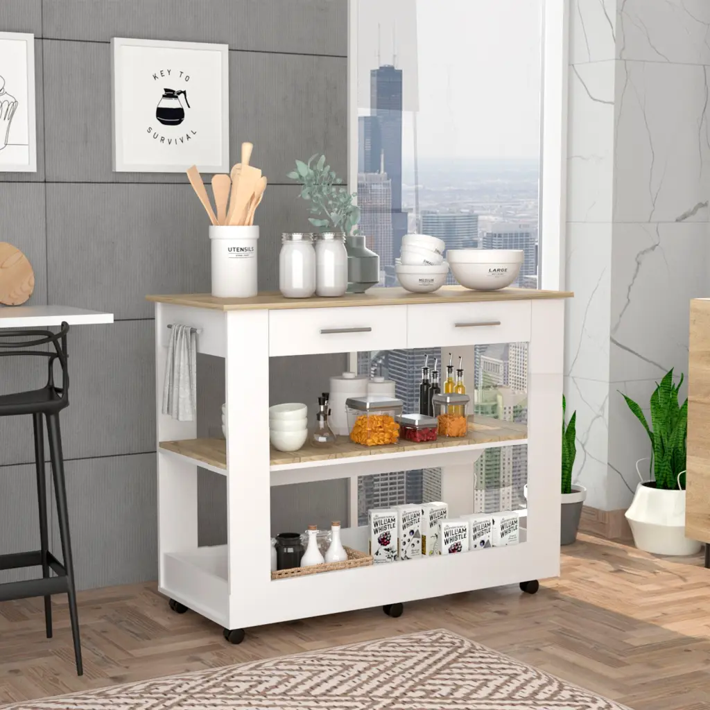 Cala Kitchen Island 46 Six Casters Two Drawers Lower Open Shelf White tuhome