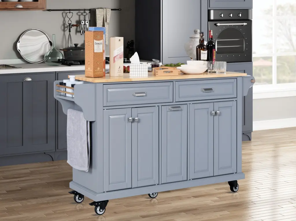 Kitchen Island Rubber Wood Countertop and 5 Wheel Casters ws furniture