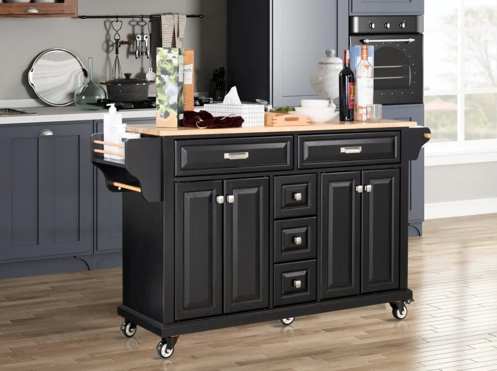 Kitchen Island Rubber Wood Countertop And 5 Wheels ws furniture
