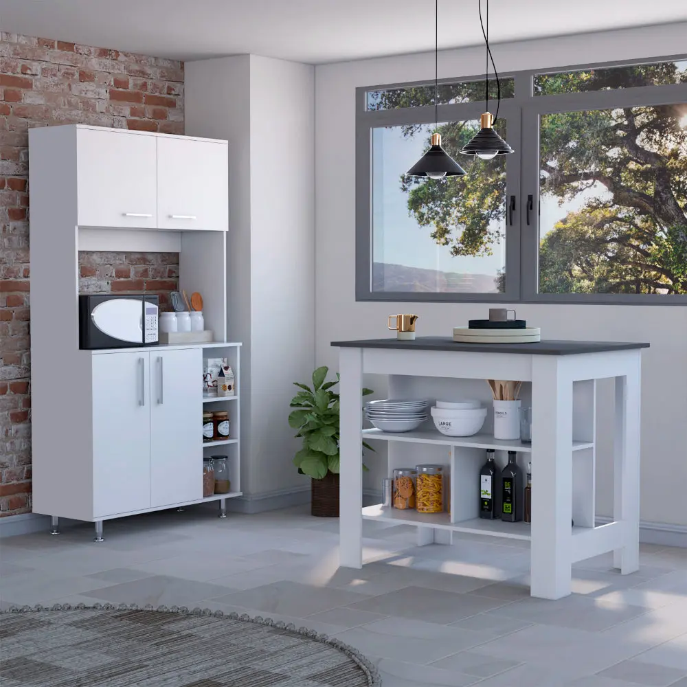 White and Onyx 2 Piece Kitchen Set Island and Pantry Cabinet Modern Storage furniture max