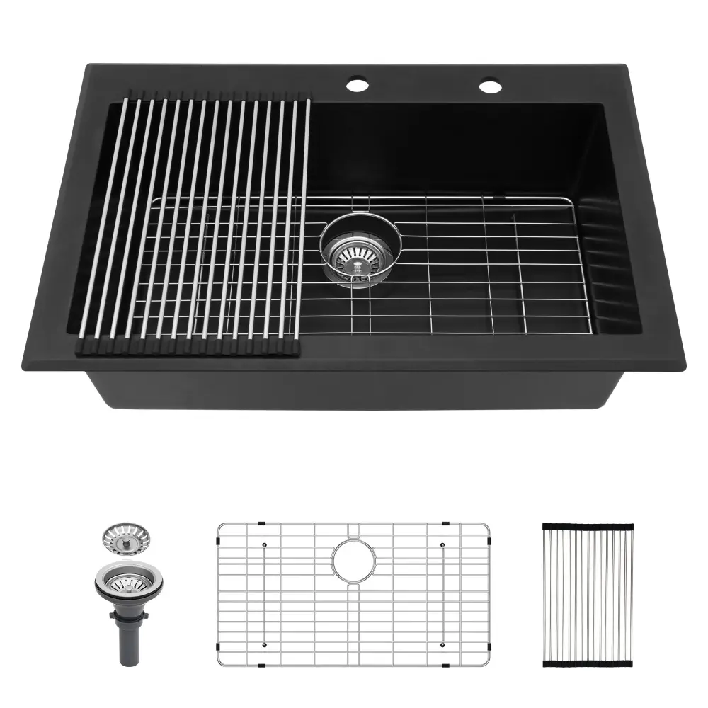 Quiet Operation Quartz Kitchen Sink, Granite Composite, Drop Sink Heavy-duty Design
