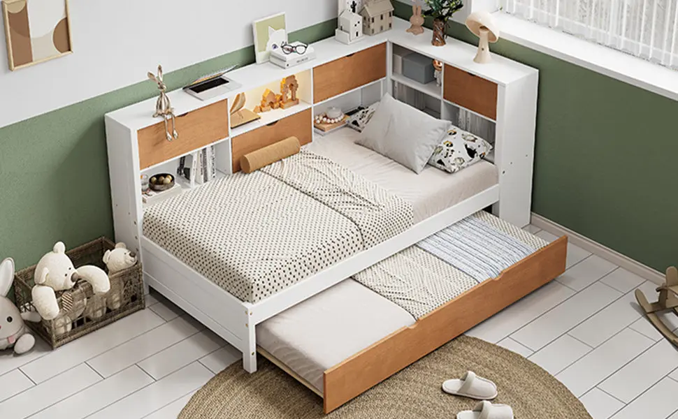 L-Shaped Bed Frame Trundle and Bookcase Corner Bed Wooden Cap bed best