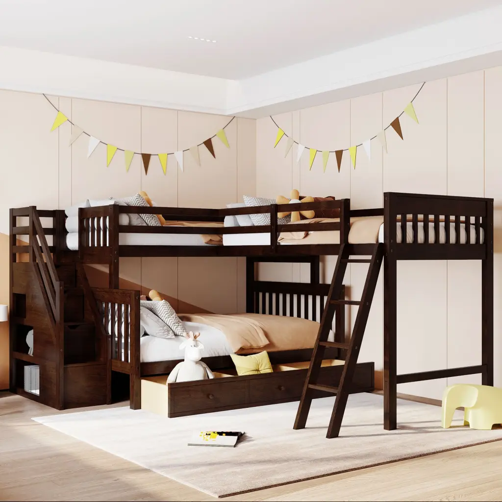 Twin Over Full L Shaped Bunk Bed 3 Drawers, Ladder and Staircase lucky furniture