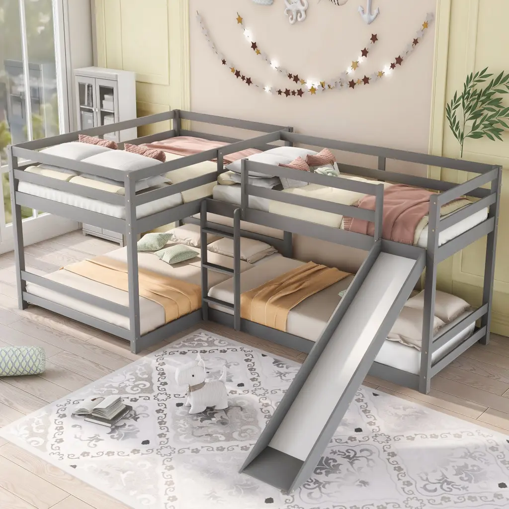 Full and Twin L Shaped Bunk Bed Slide and Short Ladder Gray Kids Bedroom Furniture wm store