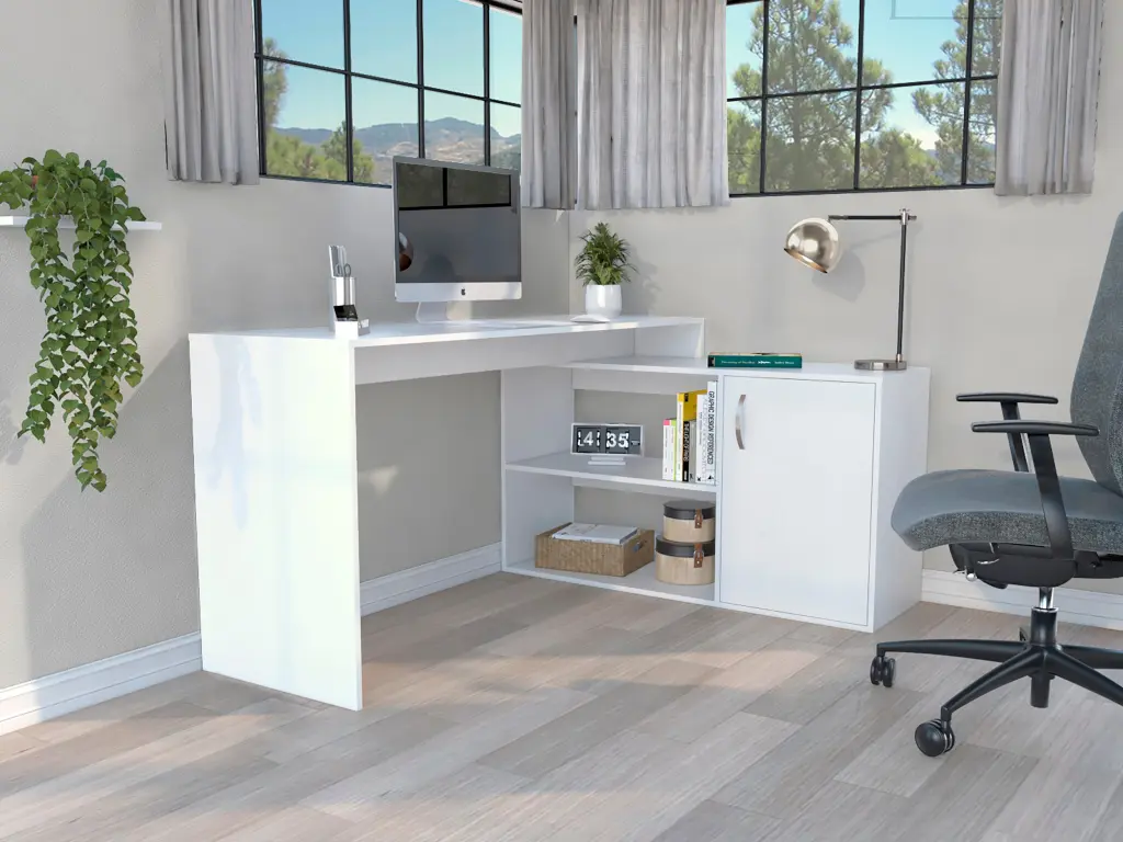 Axis Modern L-Shaped Computer Desk Open and Closed Storage White rta mubles colombia
