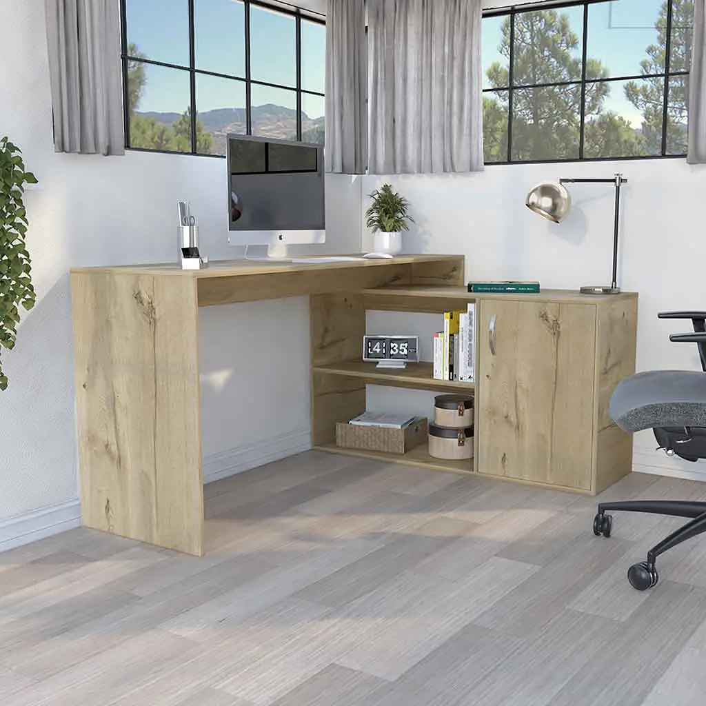 Axis Modern L Shaped Computer Desk Open and Closed Storage Light Oak Finish rta mubles colombia