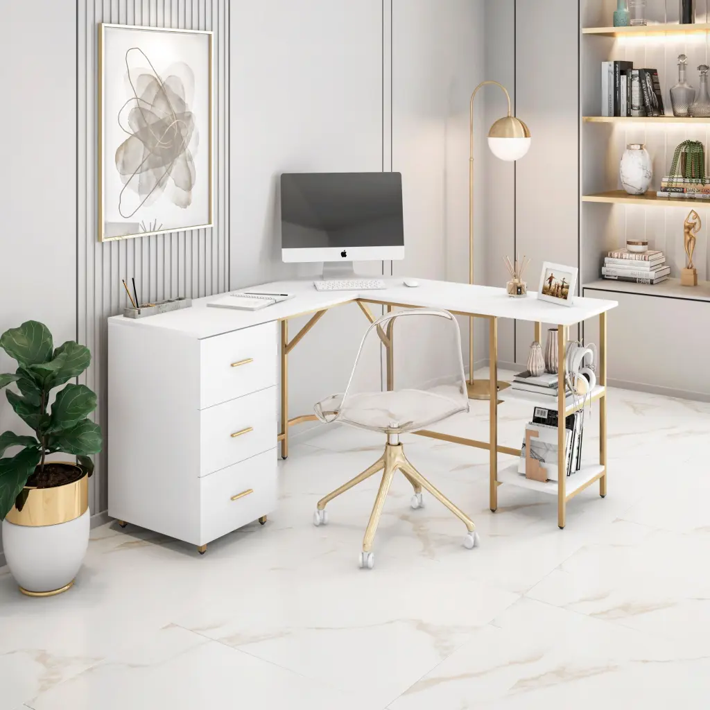 Techni Mobili L Shape Home Stationery Two Tone Desk Storage Precious Metal Gold technimobili