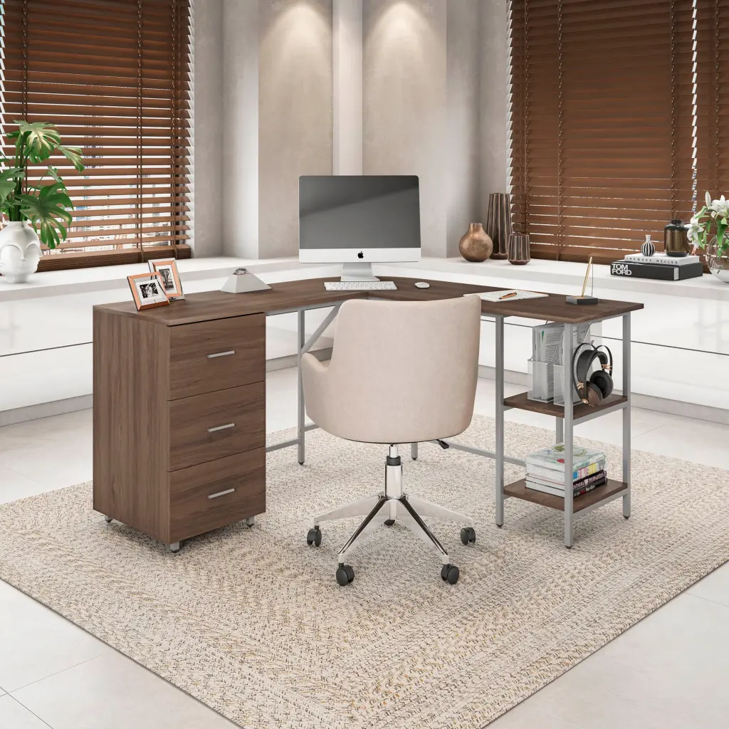 Techni Mobili L Shape Home Stationery Two Tone Desk Storage, Walnut White technimobili