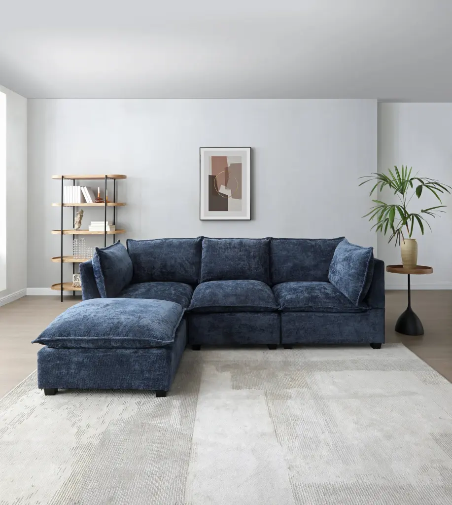 Modern L Shaped Sectional Sofa Linen Fabric Corner Couch Set Console aijiafurniture