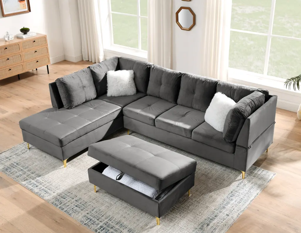 103 Inch Velvet Sectional Sofa L Shape Corner Couch Storage Ottoman dg chuang ying