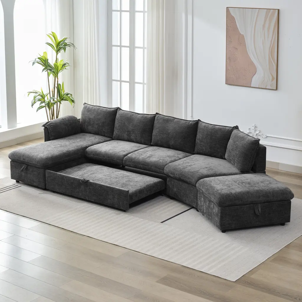 146.9 Inch L Shaped Sectional Sofa Couch Pull Out Sofa Bed Movable Chaise oris fur.