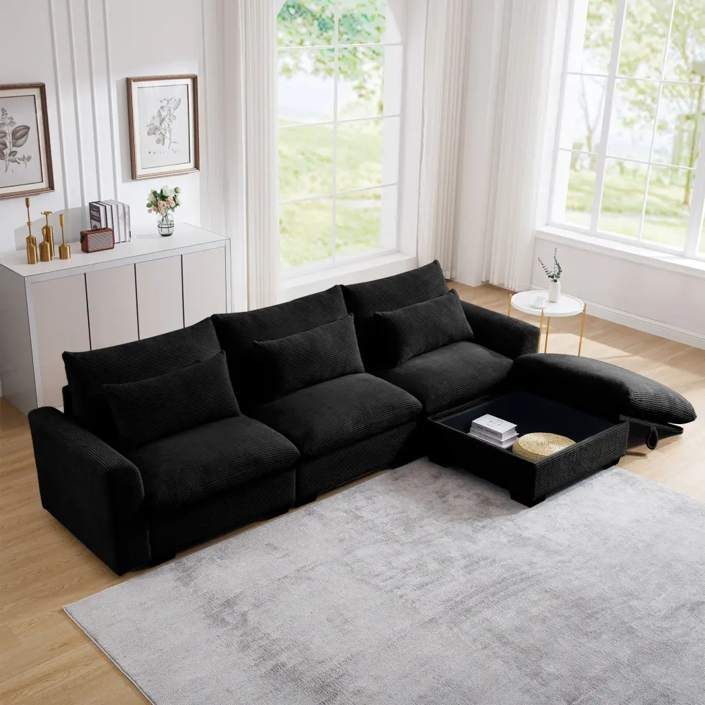 Corduroy Sectional Sofa L Shaped Couch Storage Footstool and 3 Pillows ui furniture