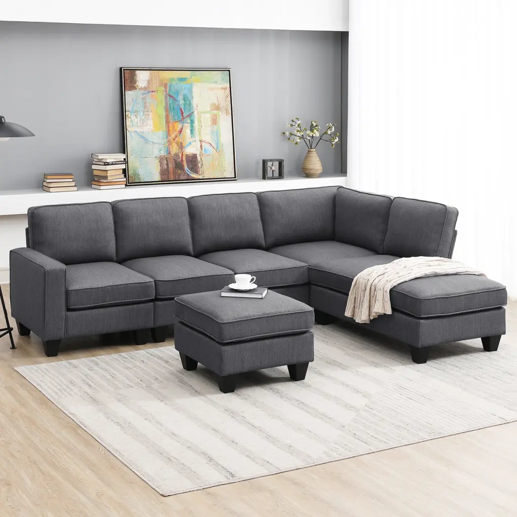 104.3x78.7 Modern L Shaped Sectional Sofa 7 Seat Linen Material Couch gt