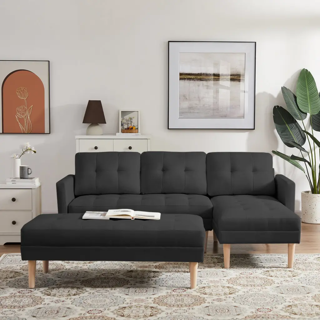 Black L Shaped Sectional Sofa Bed Chaise Lounge Right Facing Modern Design cy furniture