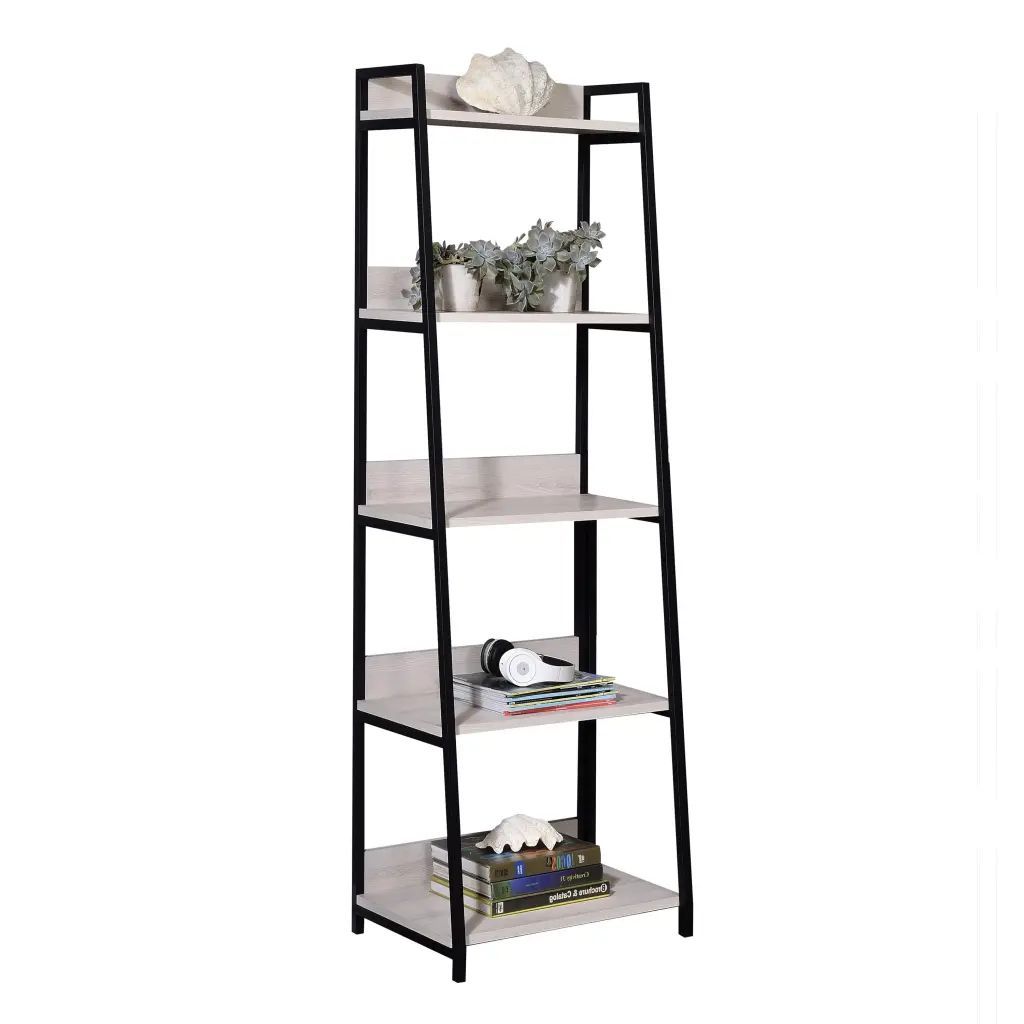Natural And Black Ladder 5 Tier Bookshelf Wood Metal Modern Storage furniture max