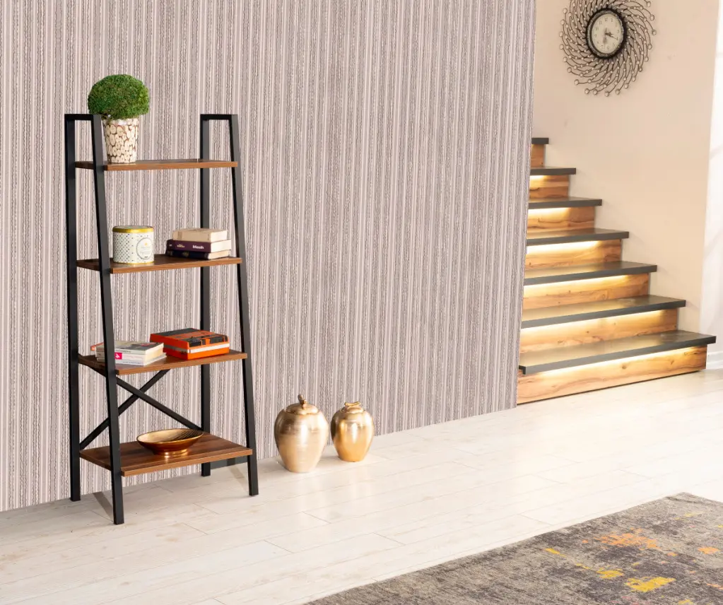 Leon 5 Tier Modern Ladder Bookshelf Organizer Metallic Frame Shelf furnia