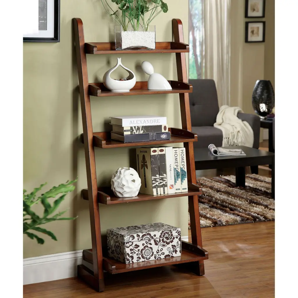 Antique Oak 1Pc Ladder Shelf 5 Tier Shelf Books Modern Style Living Room Decor kanepe