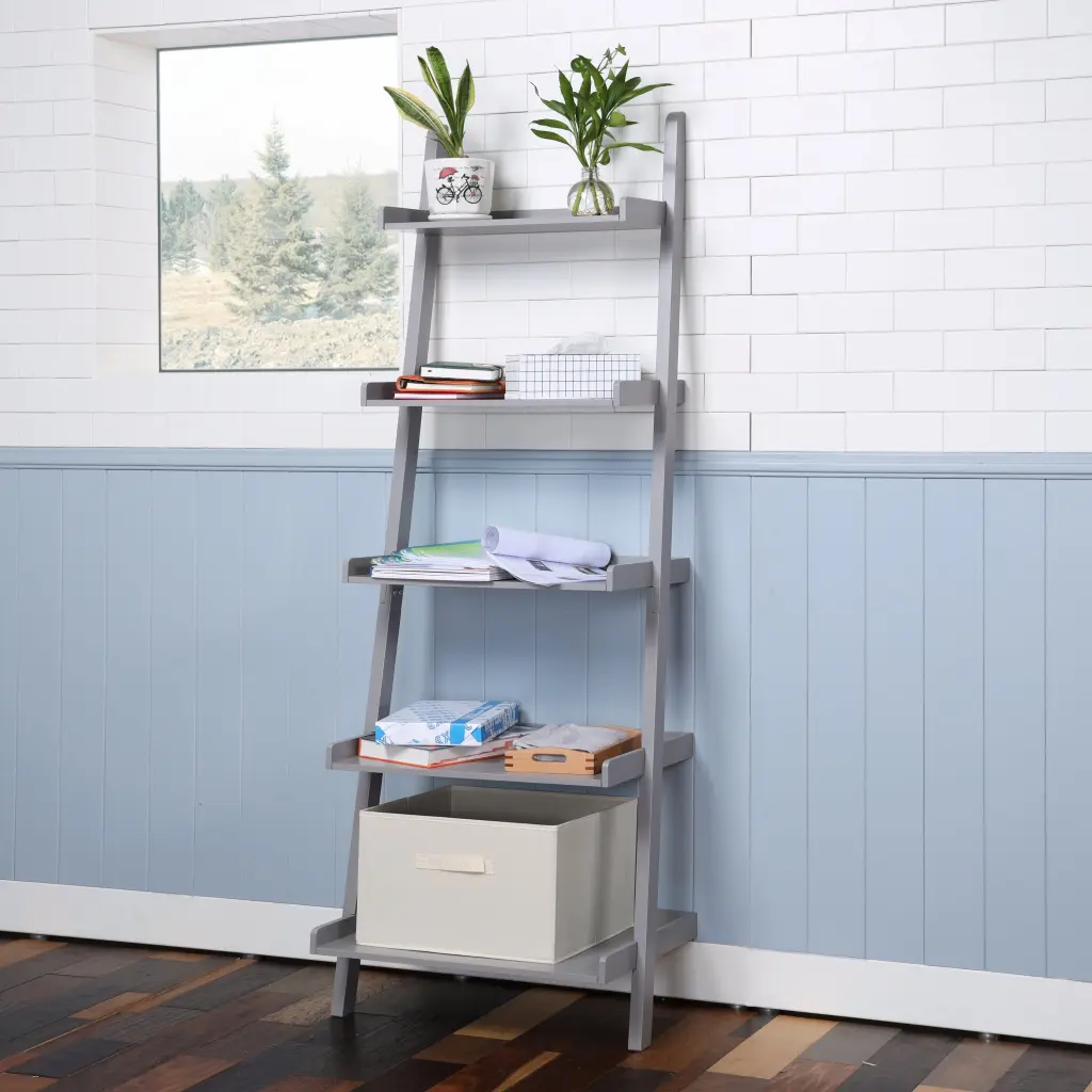 5 Tier Ladder Shelf Grey Timber Modern Home Decor ws furniture
