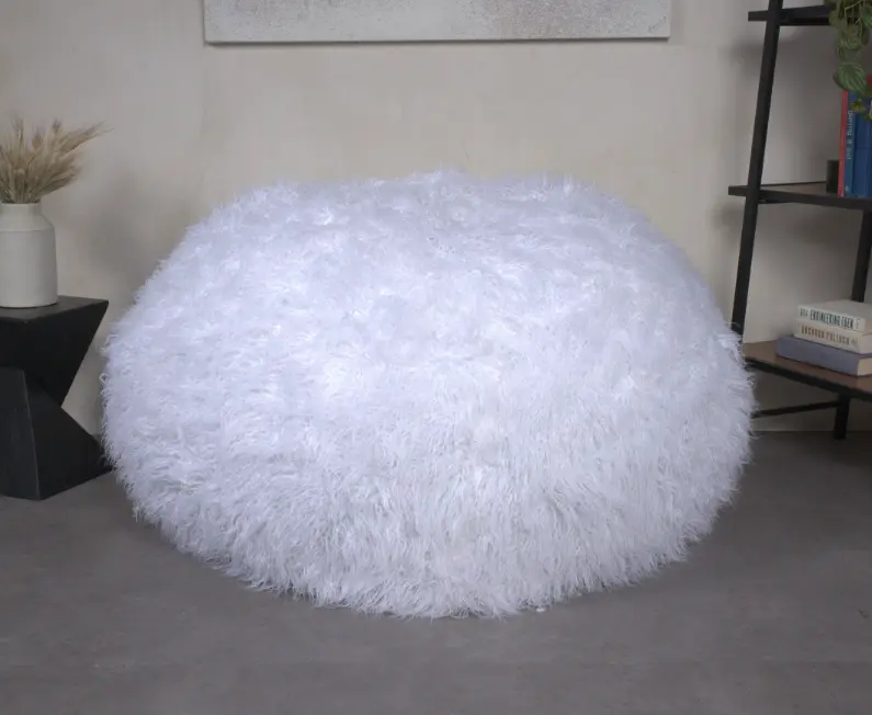 Mahin 5 Foot Round Faux Fur Bean Bag Chair Luxurious White Fabric bazar