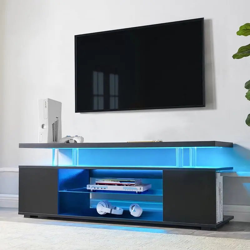 Black 65 Inch TV Stand Large Side Cabinet - LED Gaming Entertainment Center Media Console BJJAT