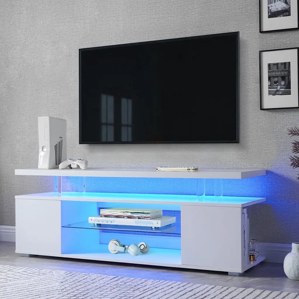 White 65 Inch TV Stand Large Side Cabinet - LED Gaming Entertainment Center Media Console BJJAT