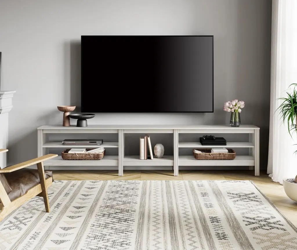 TV Stand 85 Inch TV Wood Media TV Console Entertainment Center 90 95 100 Inch TV 5 Open Shelves Living Room 80 Inches Whit...