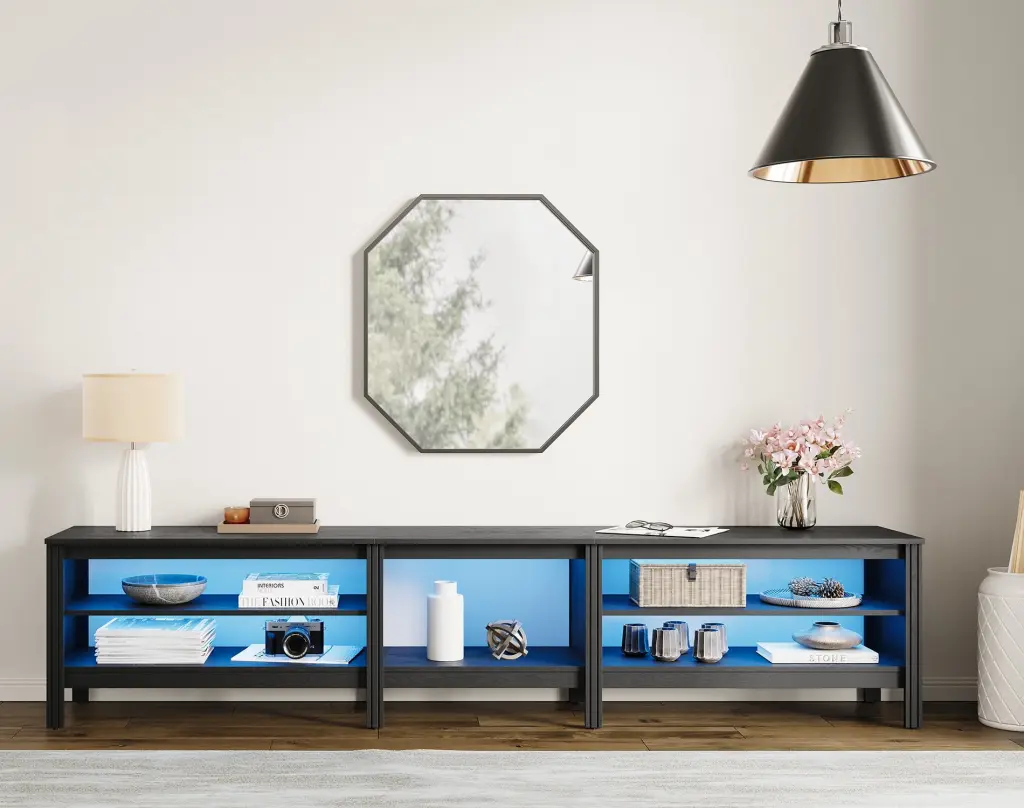 TV Stand 85 inches Flat Screen LED Wood Media Console Storage Cabinet Entertainment Center 6 Open Shelves 95 inches Black ...
