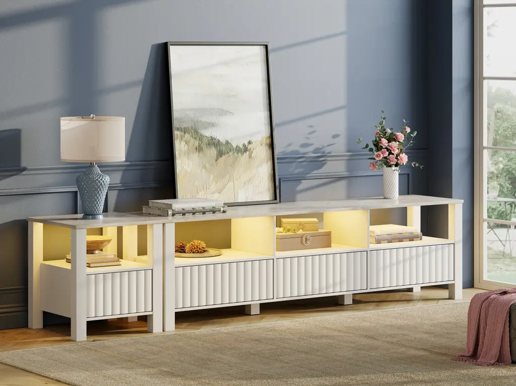 White TV Stand 85 Inch TV Modern Entertainment Center Storage Cabinet Living Room FITUEYES