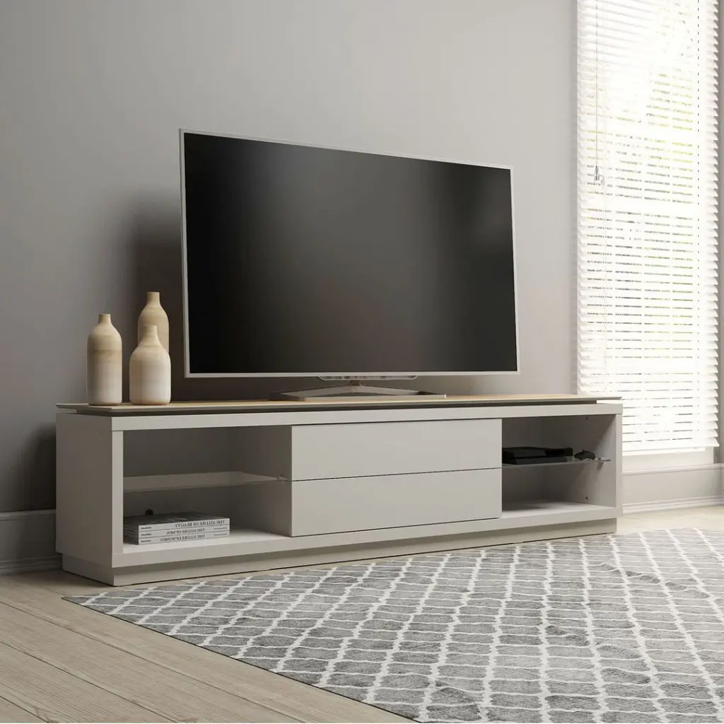 Manhattan Comfort Lincoln 85.43 Inch TV Stand 4 Shelves Off White and Cinnamon