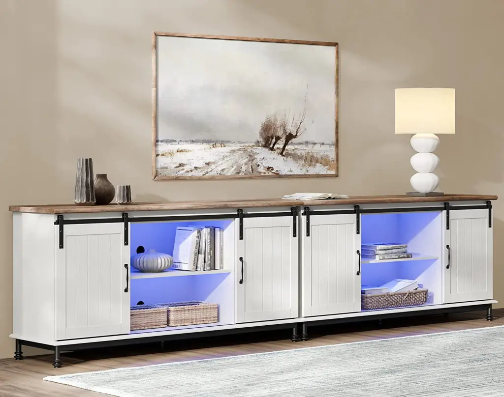 WAMPAT TV Stand 110 Inch TV Blue LED Light White Entertainment Center