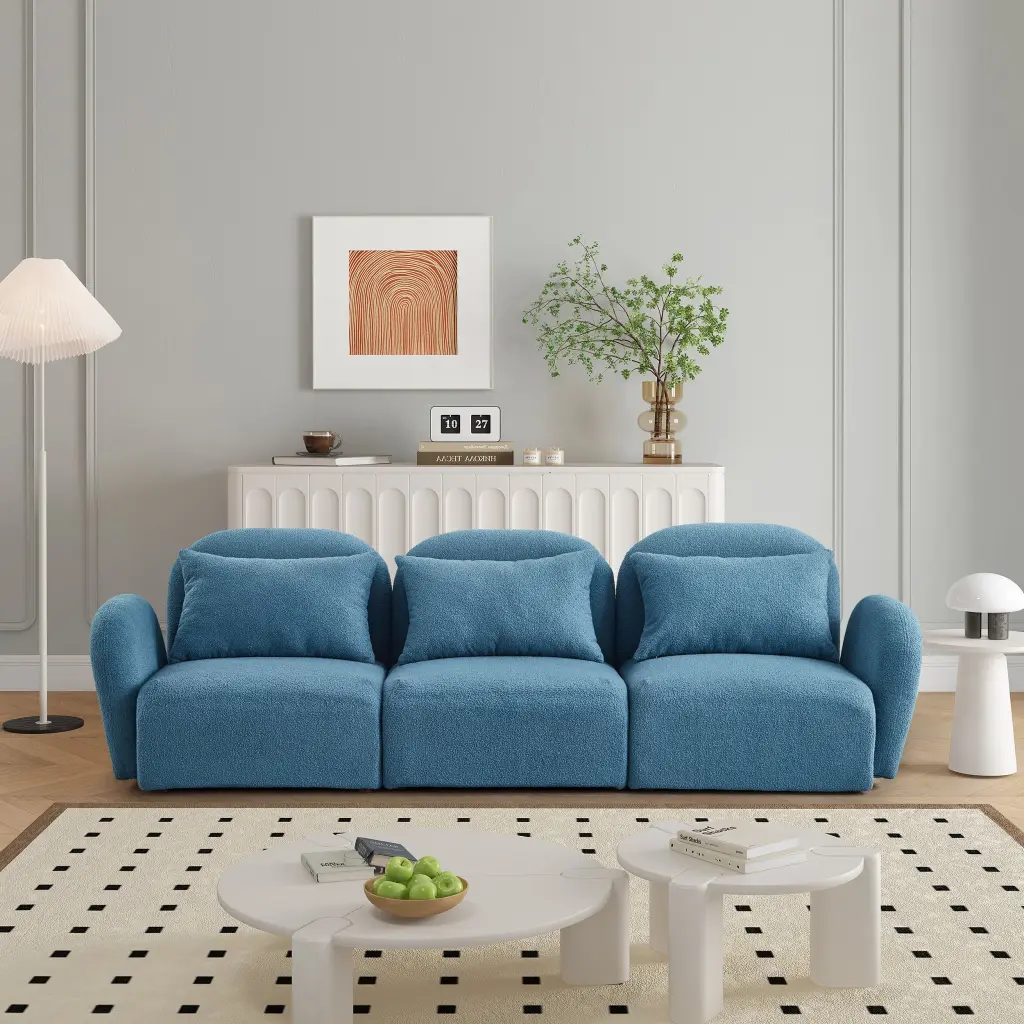 Living Room Home Decor Three Seat Lazy Sofa Teddy Material Blue Comfortable Foam hdf store