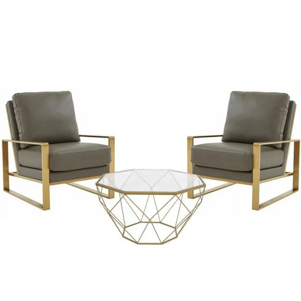 Jefferson Leather Armchair Gold Frame and Large Octagon Coffee Table Geometric Base Grey Set KD Americana