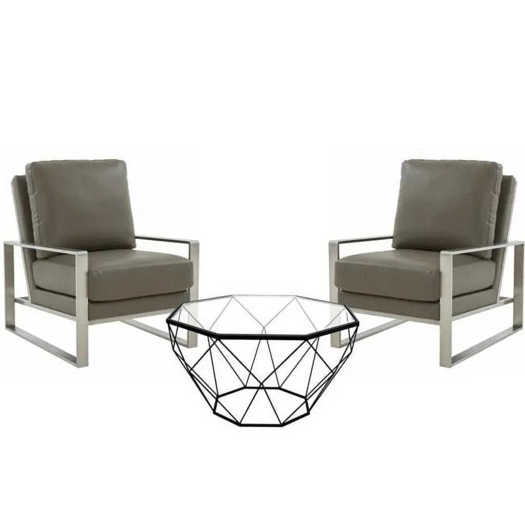 Jefferson Leather Armchair Silver Frame and Large Octagon Coffee Table Geometric Base Grey Set KD Americana