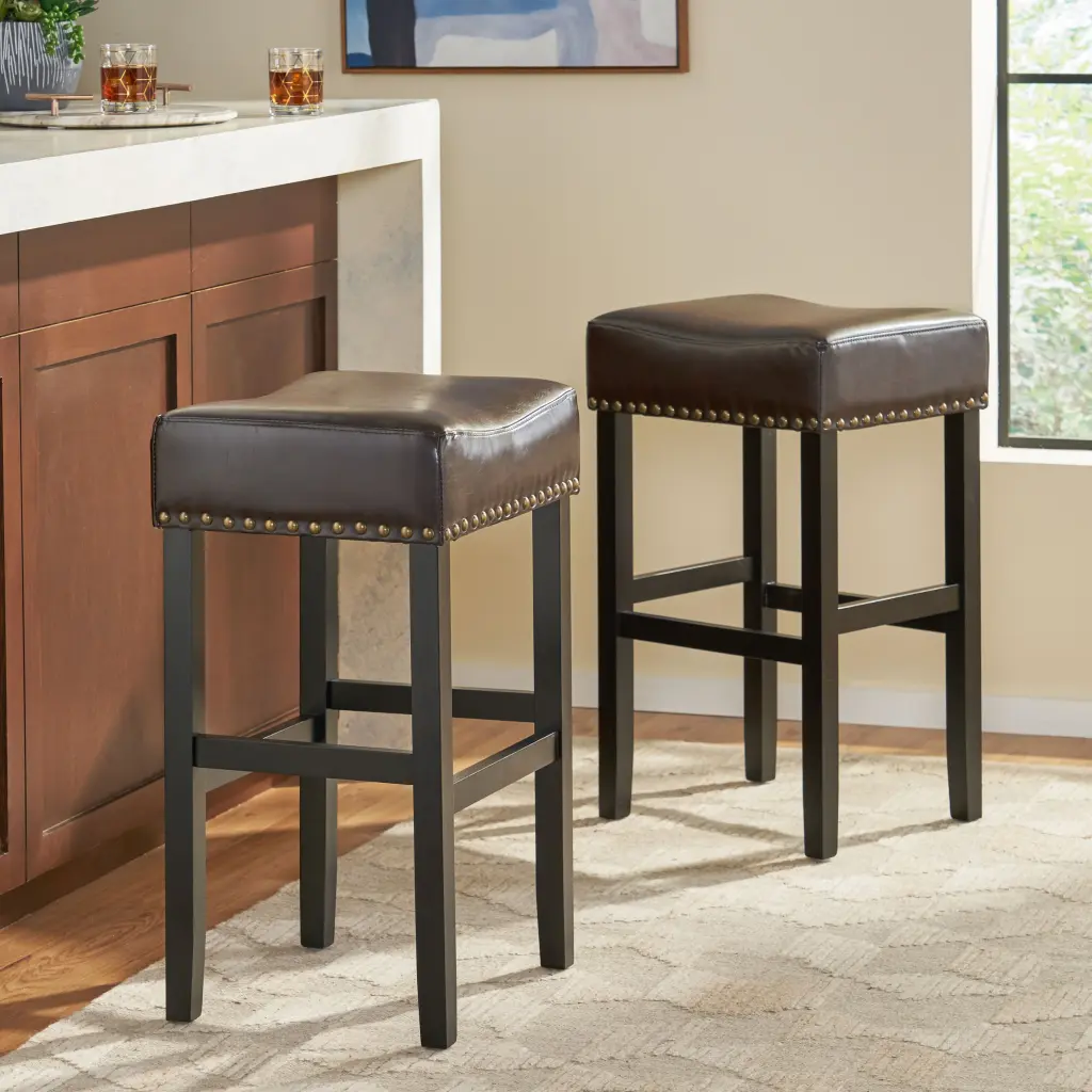 30 Inch Backless Brown Leather Counter Stool Set 2 Bar Stools nh-onfind