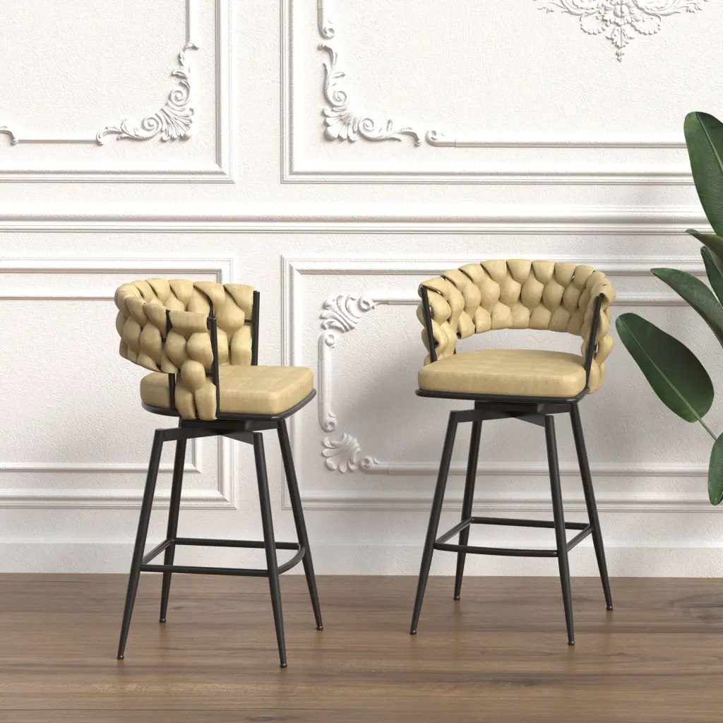 Technical Leather Woven Bar Stool Set 2 Black Legs Barstools No Adjustment nuoli office furniture